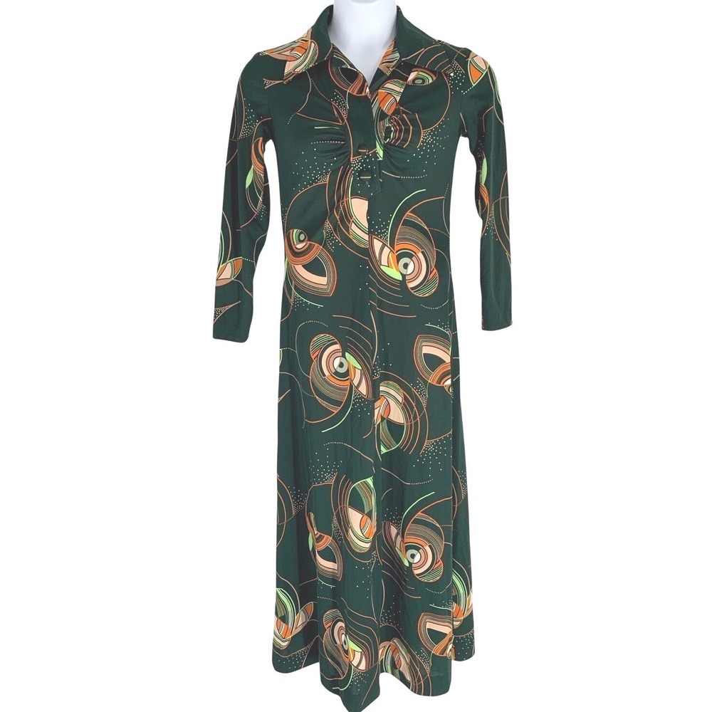Samuel Grossman Dress 12 Green Abstract Maxi Retro Mod Long Sleeve Vintage